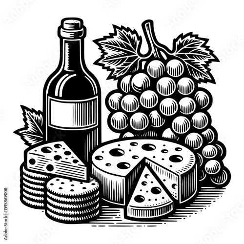 Cheese and wine with grapes vector illustration