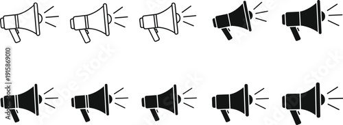 Megaphone and Loudspeaker Icon Set with Various Styles for Digital Marketing, Public Announcements, Audio Promotion, Advertising Alerts, and Social Media Notification Designs