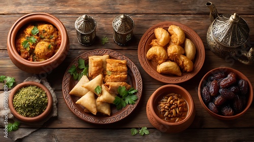 Traditional Middle Eastern dishes and snacks on a wooden table