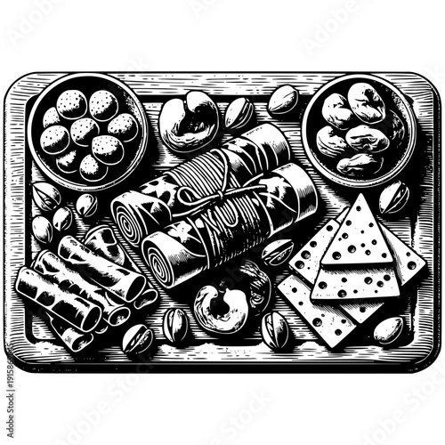 Cheese platter with nuts vector illustration