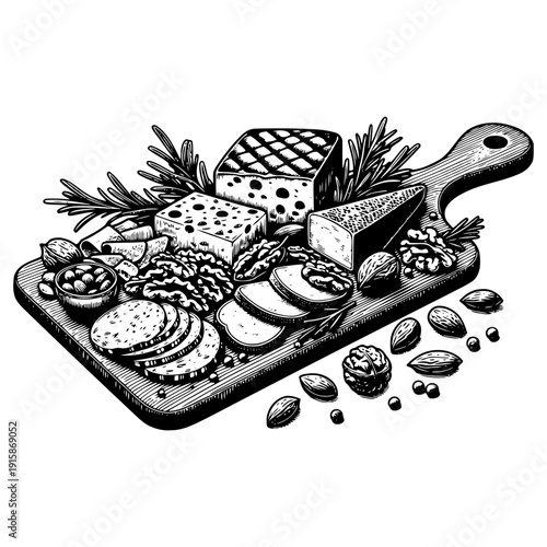 Cheese platter with nuts vector illustration