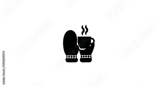 A cozy black and white illustration of a mitten holding a steaming mug. Winter theme