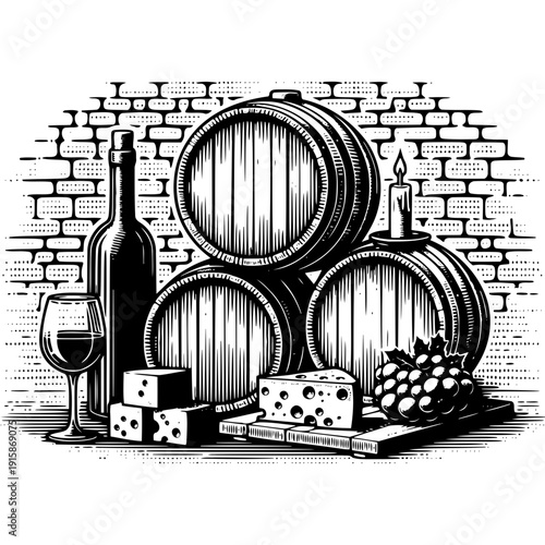 Wine barrels with cheese and grapes vector illustration