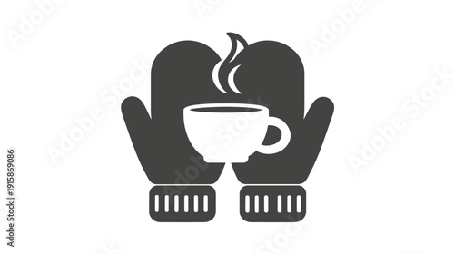 A stylized graphic of mittens holding a cup of hot beverage, evoking winter comfort