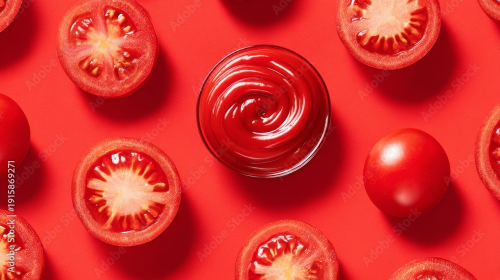 Fototapeta premium Tomatoes in whole and sliced forms with ketchup swirl on red background in clean flat lay setup