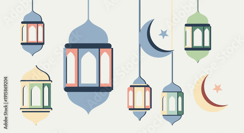 Collection of hanging lanterns and celestial elements in a festive arrangement, viewed from a straightforward angle
