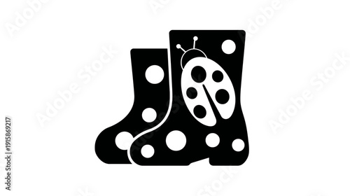 Black and white illustration of two rain boots decorated with polka dots and a ladybug