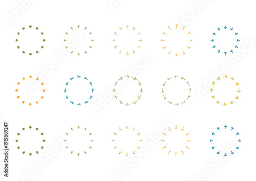 鳥の足跡をイメージした手描きの丸いカラフルなフレームセット1