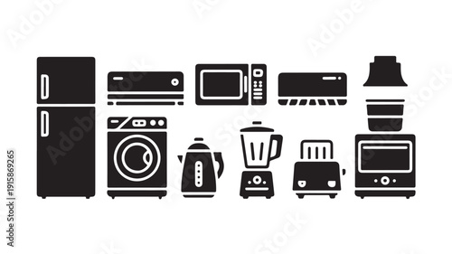 A collection of black and white kitchen and laundry appliances arranged neatly together