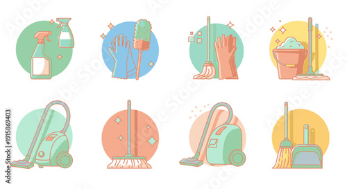 Cleaning Essentials Collection Featuring Mops, Brooms, and Vacuum Cleaners in Various Settings