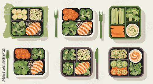 Assorted healthy meal prep containers with varied vegetables and proteins, displayed on a clean surface from a top-down view