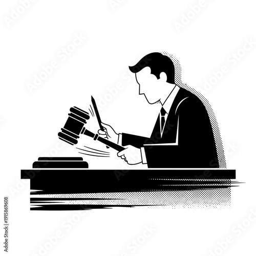 Judge hitting gavel at desk, legal concept illustration