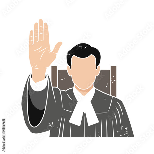 Judge in judicial robe raising hand, court justice concept