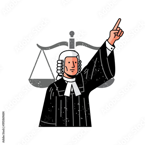 Judge in wig and robe pointing finger with scales of justice illustration