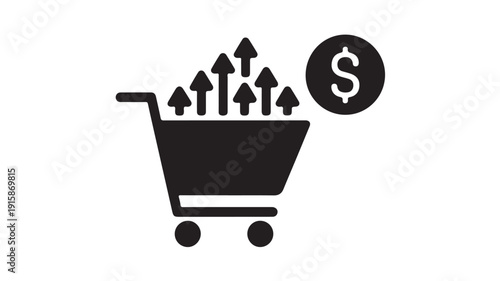 A minimalist black and white icon design of a shopping cart with rising arrows and a dollar sign indicating increasing sales or revenue