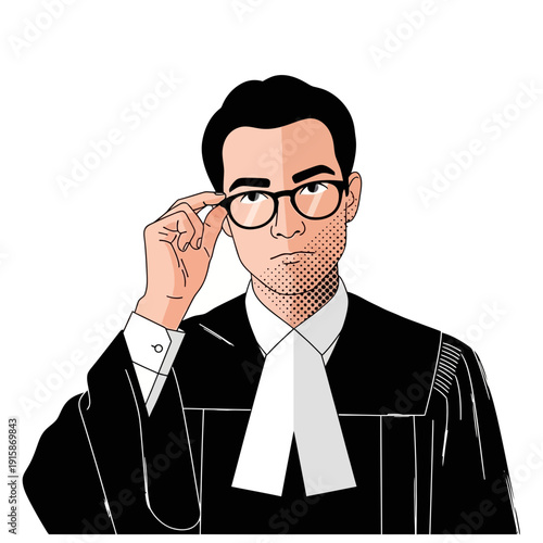Lawyer in formal robes adjusting glasses, serious expression