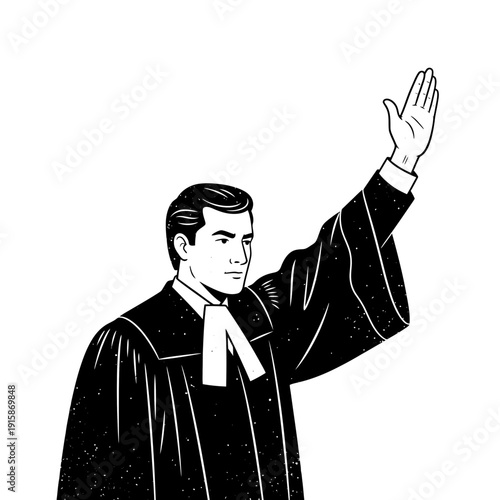 Lawyer in judicial robe raising hand, illustration