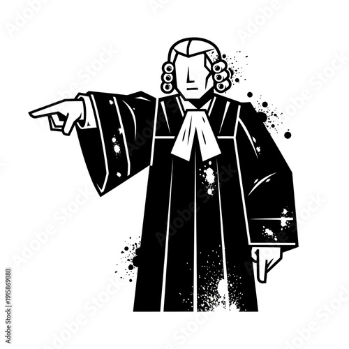 Lawyer pointing finger, judge robes, legal justice symbol