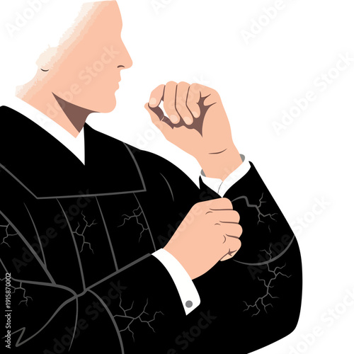 Man in black robe with cracks on sleeves
