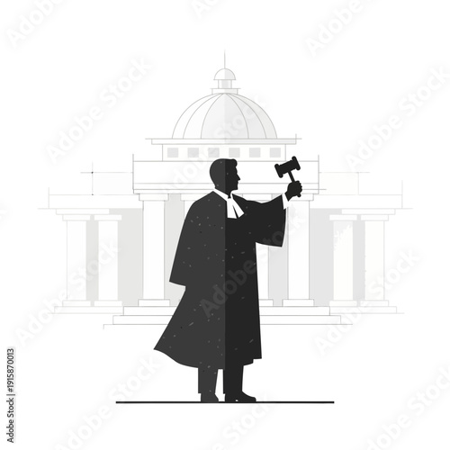 Silhouette Judge with Gavel in Front of Courthouse Building