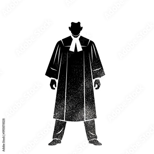 Silhouette of a lawyer in a robe and wig, standing against a white background