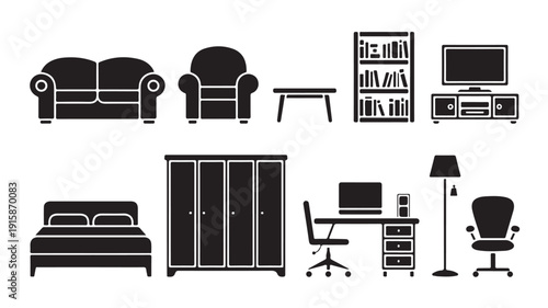 Vector illustration featuring furniture and home office equipment in a minimalist style, showcasing various household items and workspace elements