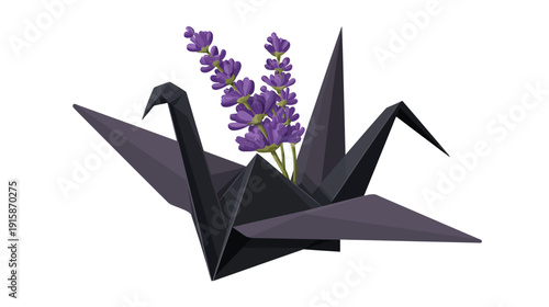 Digital art featuring a origami crane holding lavender. It's a colorful and simple design