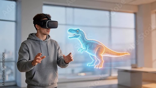 Wallpaper Mural Man using VR headset with holographic dinosaur Torontodigital.ca