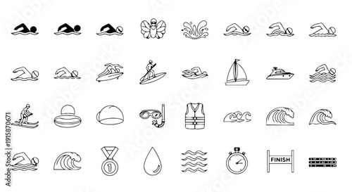 Swimming and water sports icon set – swimmer, surfing, boat, wave vector pack