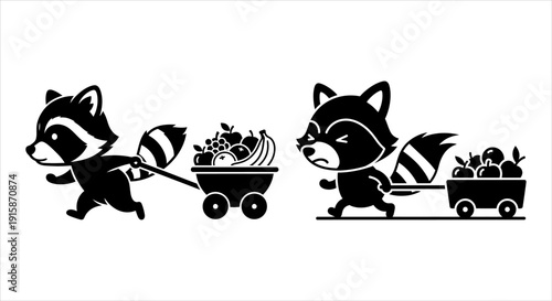 Joyful exertion and frustrated toil Two raccoons' distinct journeys with fruit-laden wagons