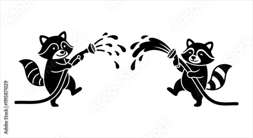 Two Mischievous Raccoons Enjoying a Playful Water Fight with Garden Hoses