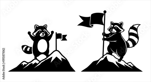 Triumphant Raccoons Conquering Mountain Peaks and Planting Flags of Success