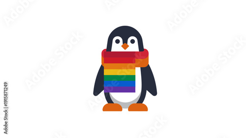 A cartoon penguin with a rainbow scarf, standing against a white background