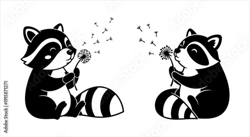 Cute Raccoons Blowing Dandelions in Vector Illustration