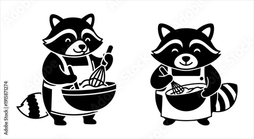 Cute raccoons in aprons preparing food with whisks and bowls