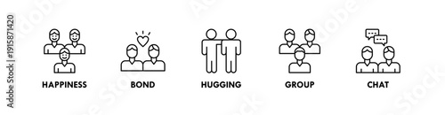 Friendship banner web icon illustration concept with icon of happiness, bond, hugging, group, chat