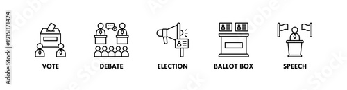 Politics banner web icon illustration concept with icon of vote, debate, election, ballot box, speech