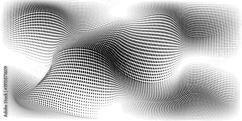 Grunge halftone background. Fading grit noise gradient texture. Black and white sand wallpaper. Wide retro pixelated backdrop. Anime or manga comic style overlay. Vector long halftone gritty bg