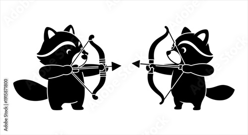 Two raccoons aiming bows and arrows at each other in cartoon style