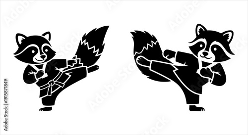 Karate Raccoon Duo Kicking in Black and White Style