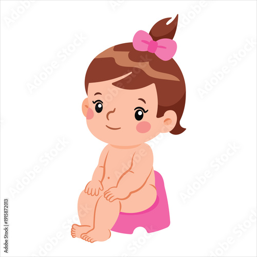 Little baby girl using pink potty chair Vector