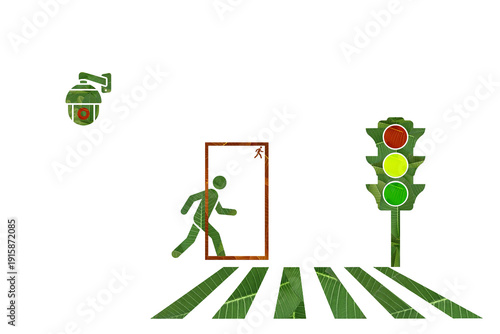 Eco Smart Traffic Crossing System Icon with CCTV Leaf Style Transparent PNG.