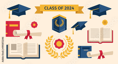 Graduation ceremony with caps, scrolls, and books, celebrating academic achievement in a celebratory environment, with people, awards, and symbols.