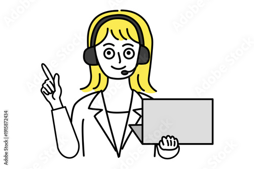 ヘッドセットをつけてPCを持ち指さし説明するスーツ姿の女性の線画イラスト