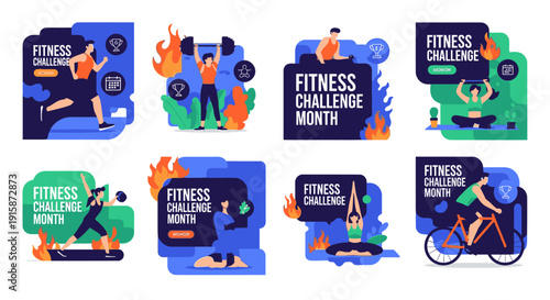 Vibrant fitness challenge month illustrations featuring people exercising and cycling in a modern graphic style