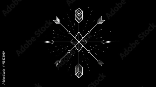 A symmetrical, white geometric design with arrows emanating from a diamond center, on a black background