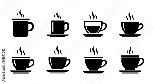 Steaming coffee cup icon set – hot drink mug vector collection
