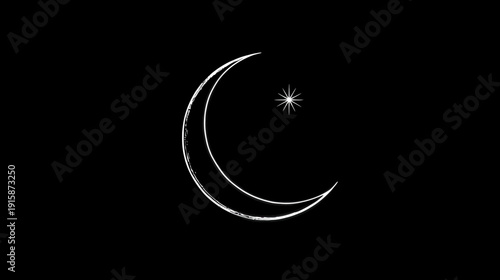 A white crescent moon and eight-pointed star sketched against a black background