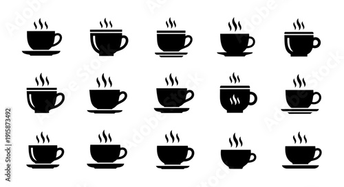 Hot coffee cup icon set – steaming tea mug vector silhouettes