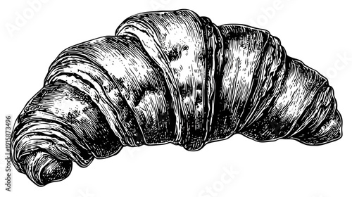Intricate black and white illustration of a croissant, showcasing detailed textures and curves
